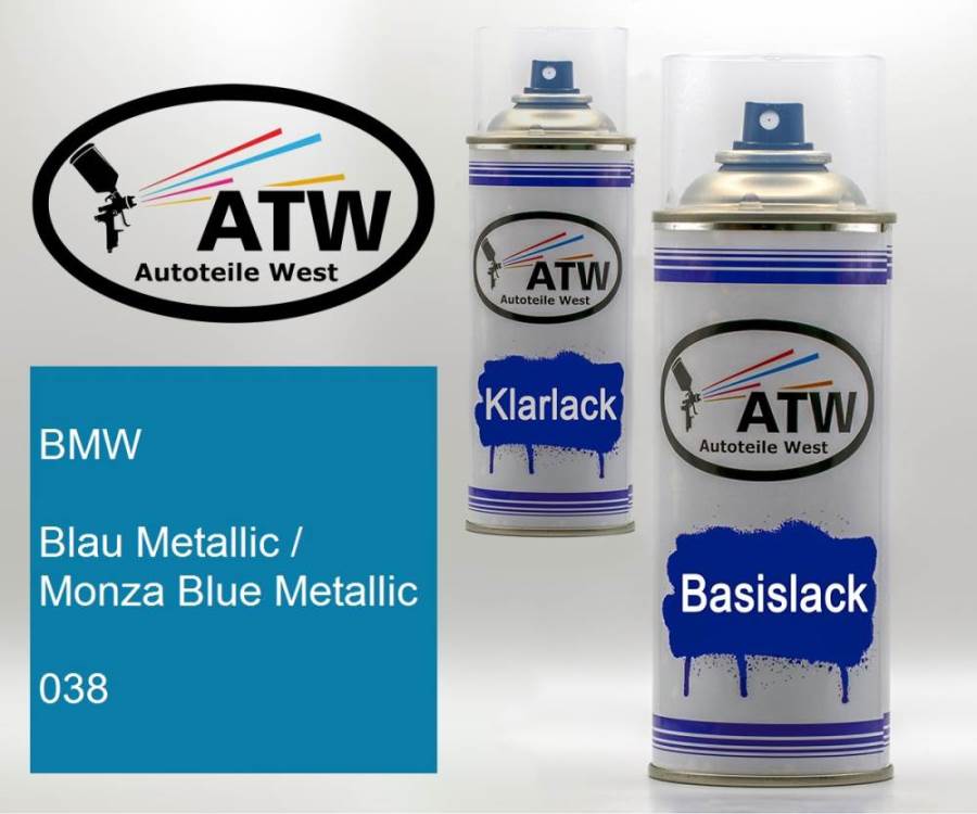 BMW, Blau Metallic / Monza Blue Metallic, 038: 400ml Sprühdose + 400ml Klarlack - Set, von ATW Autoteile West.